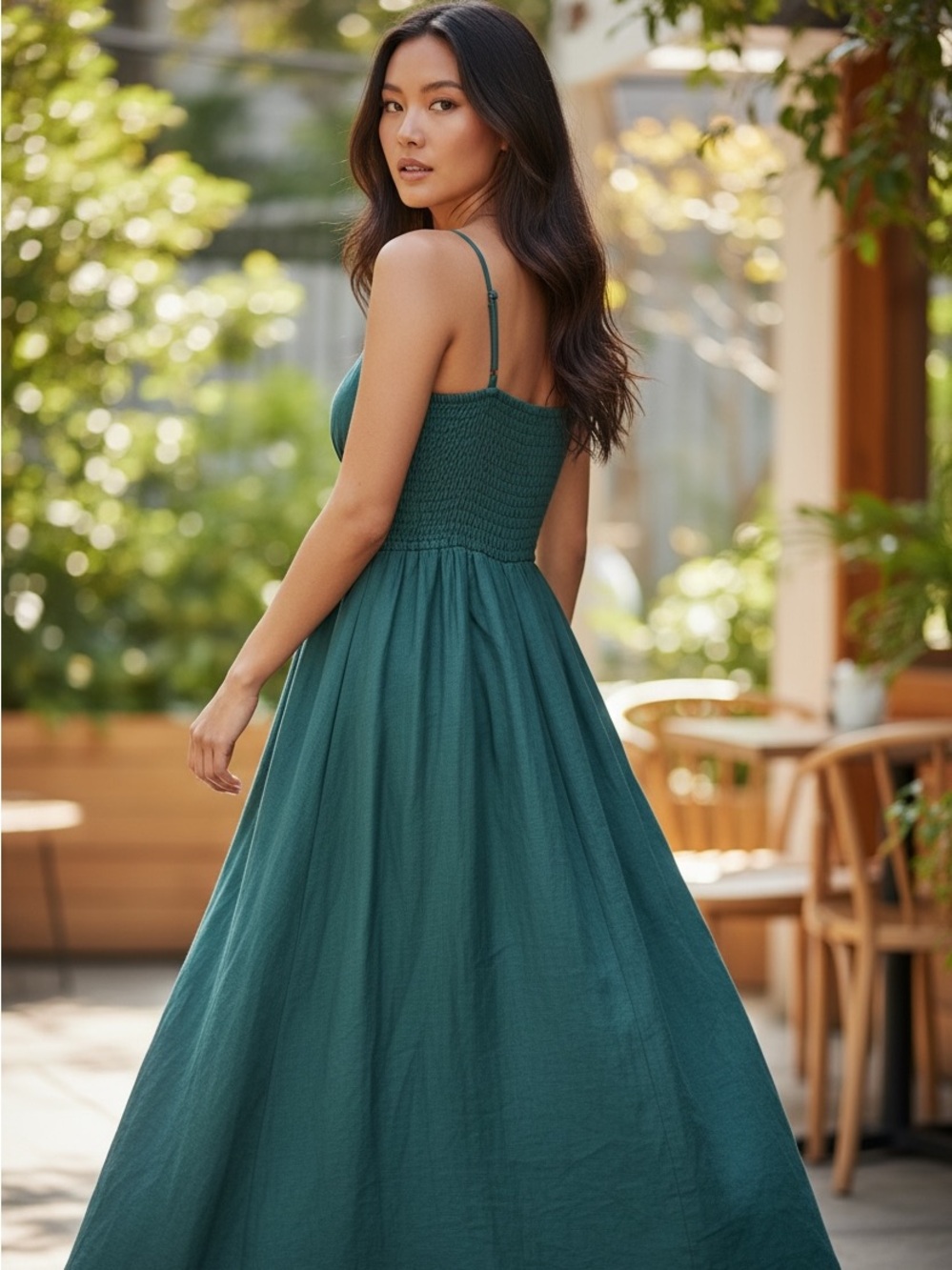 By The River Teal Blue Smocked Waist Midi Dress Medium Bohemian Slit Cottagecore